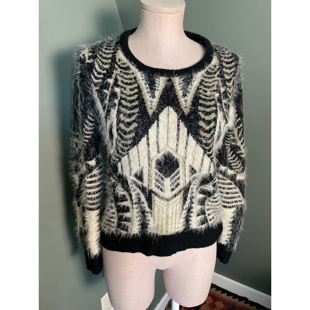Freeway Anthro Women's Black Cream Gold Soft Fuzzy Sweater. Size Sm. EUC.